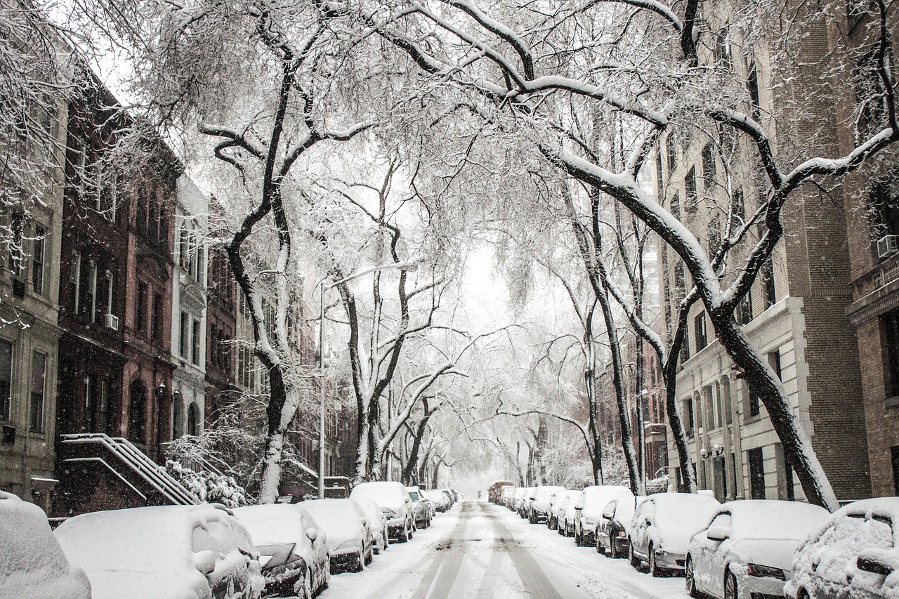 Image - snow street townhouses city urban