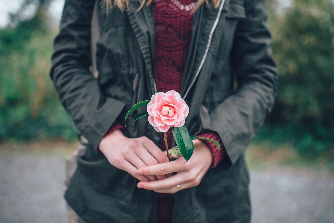 Image - woman holding flower pink winter
