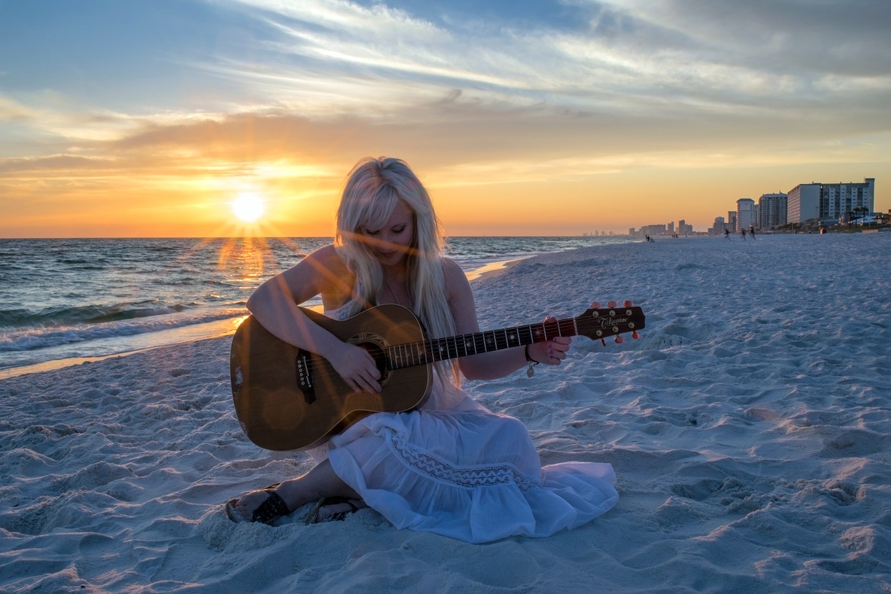 Image - guitar girl beach ocean music