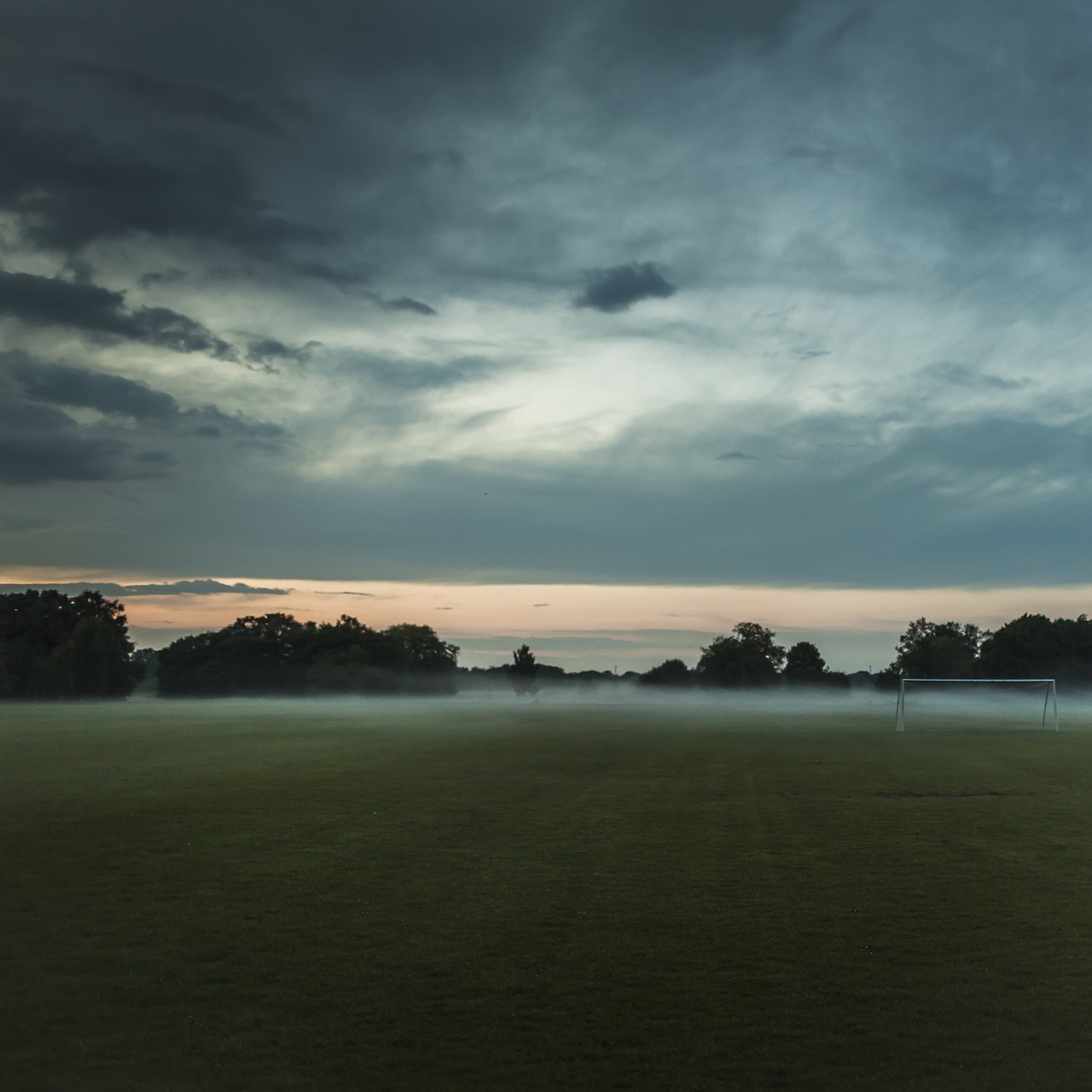 Image - soccer field foggy sunrise goal
