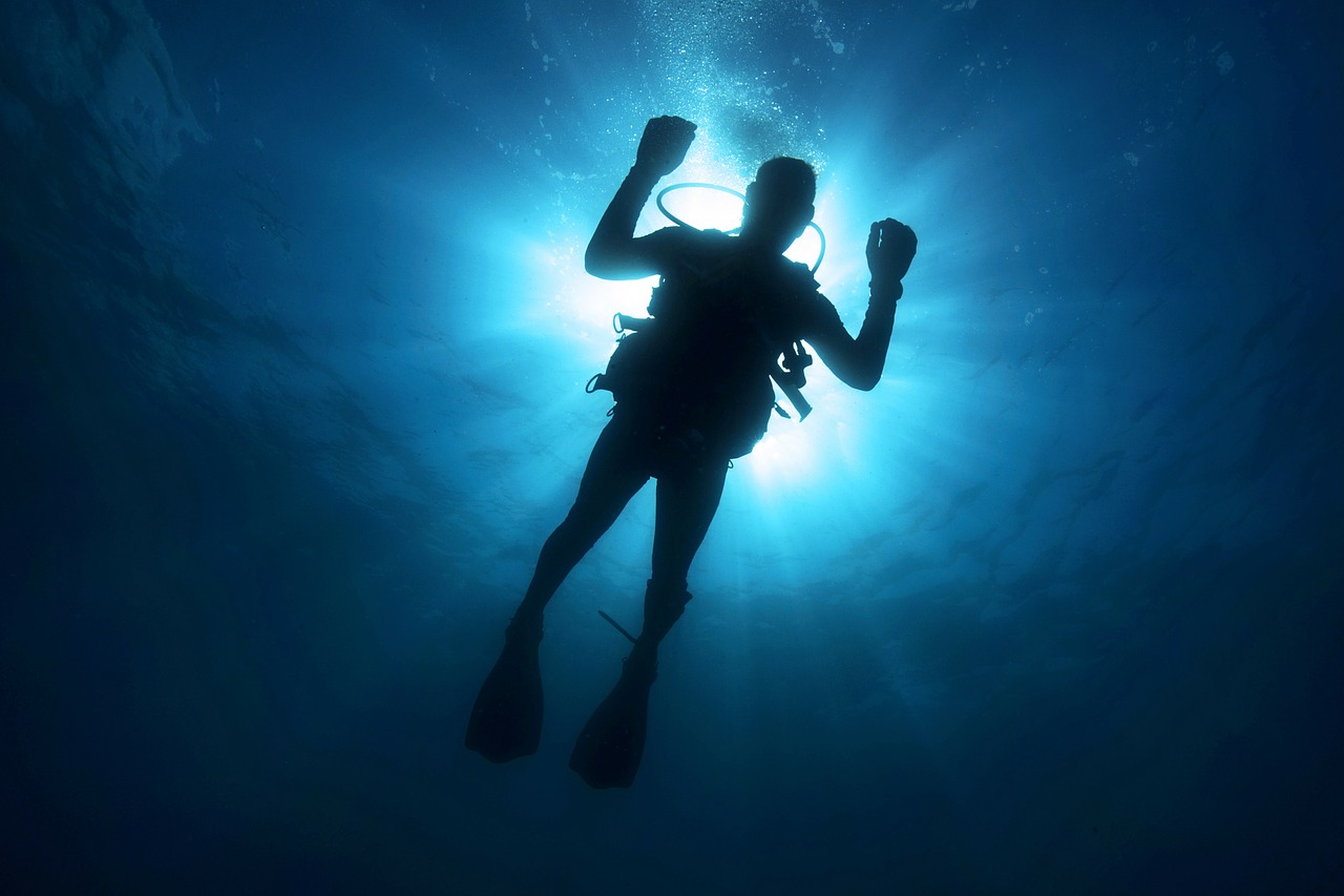 Image - diver light diving silhouette sea