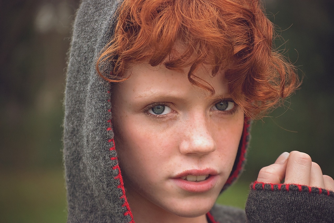 Image - girl face blue eyes hood red hair