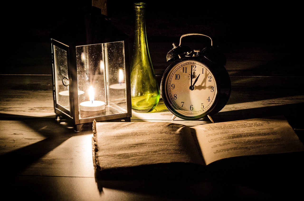 Image - desk book candle clock table