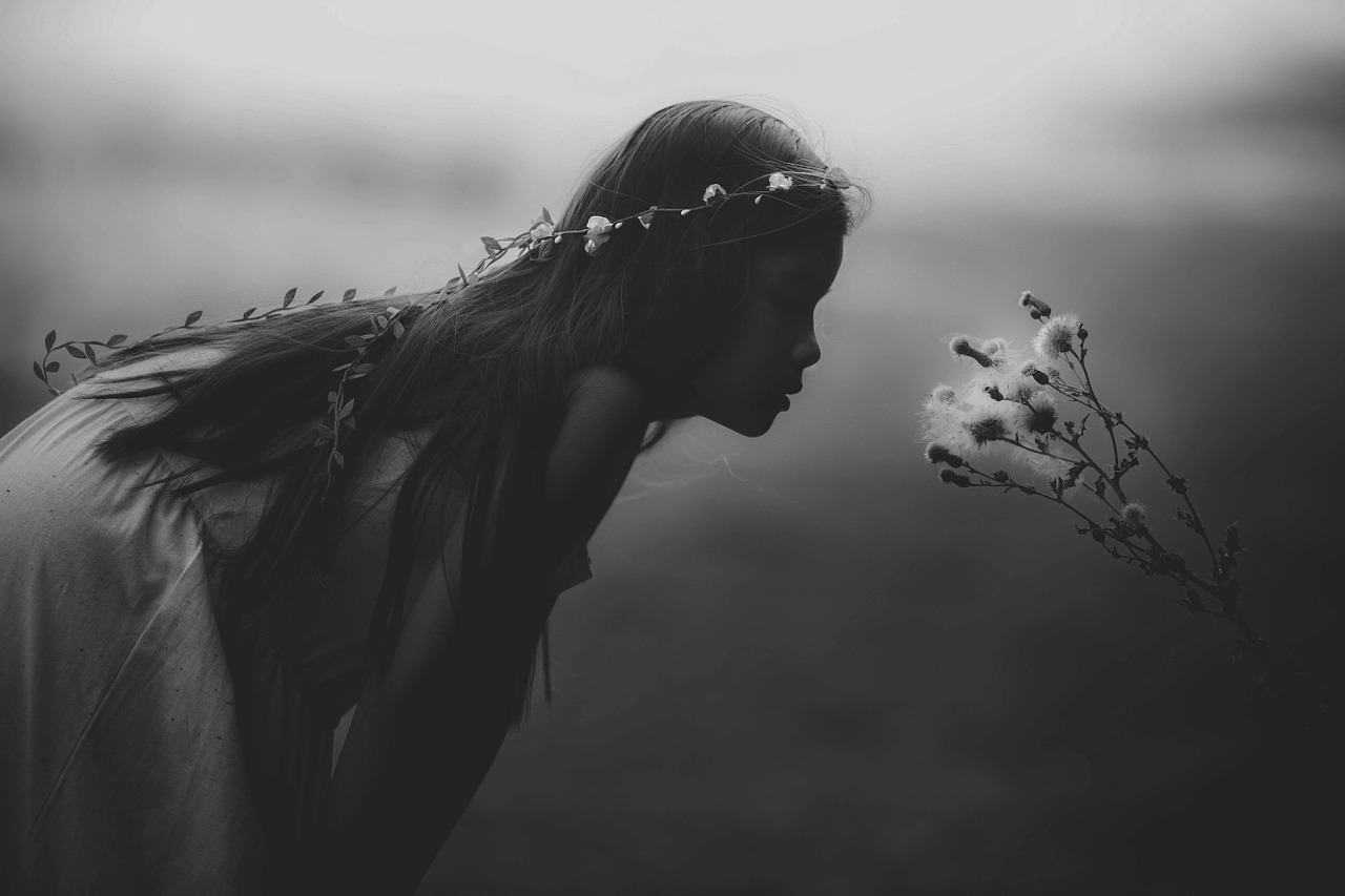 Image - young girl mystical black and white