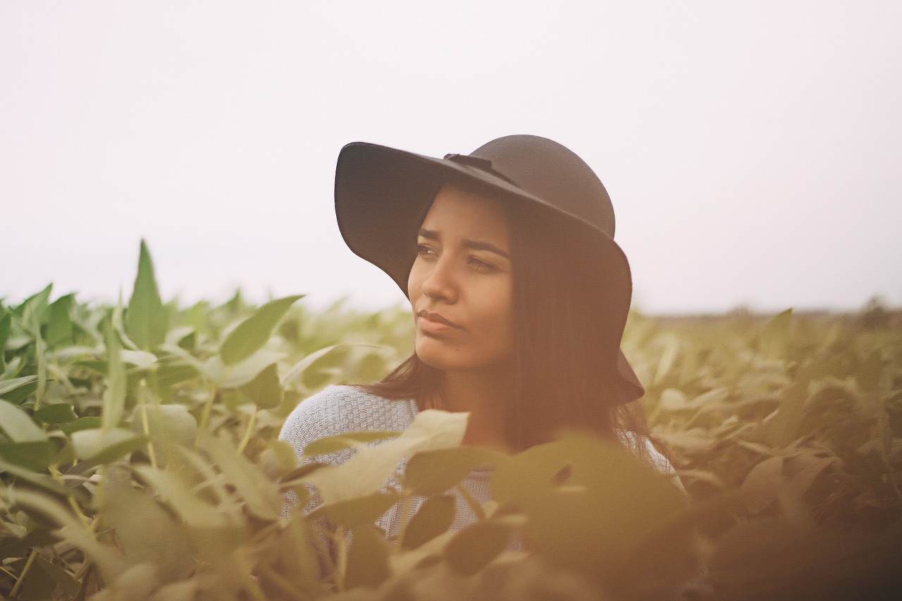 Image - woman girl hat field leaves