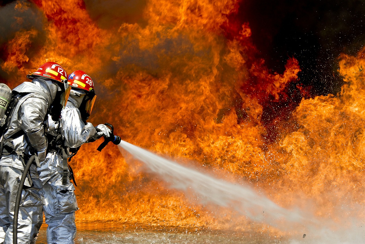 Image - firefighters fire flames outside