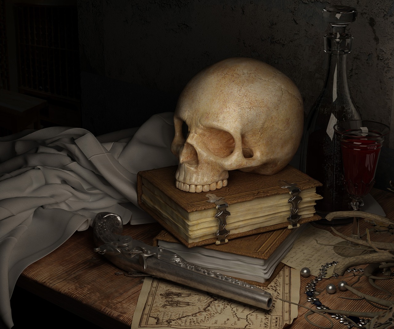 Image - skull dark map book gun