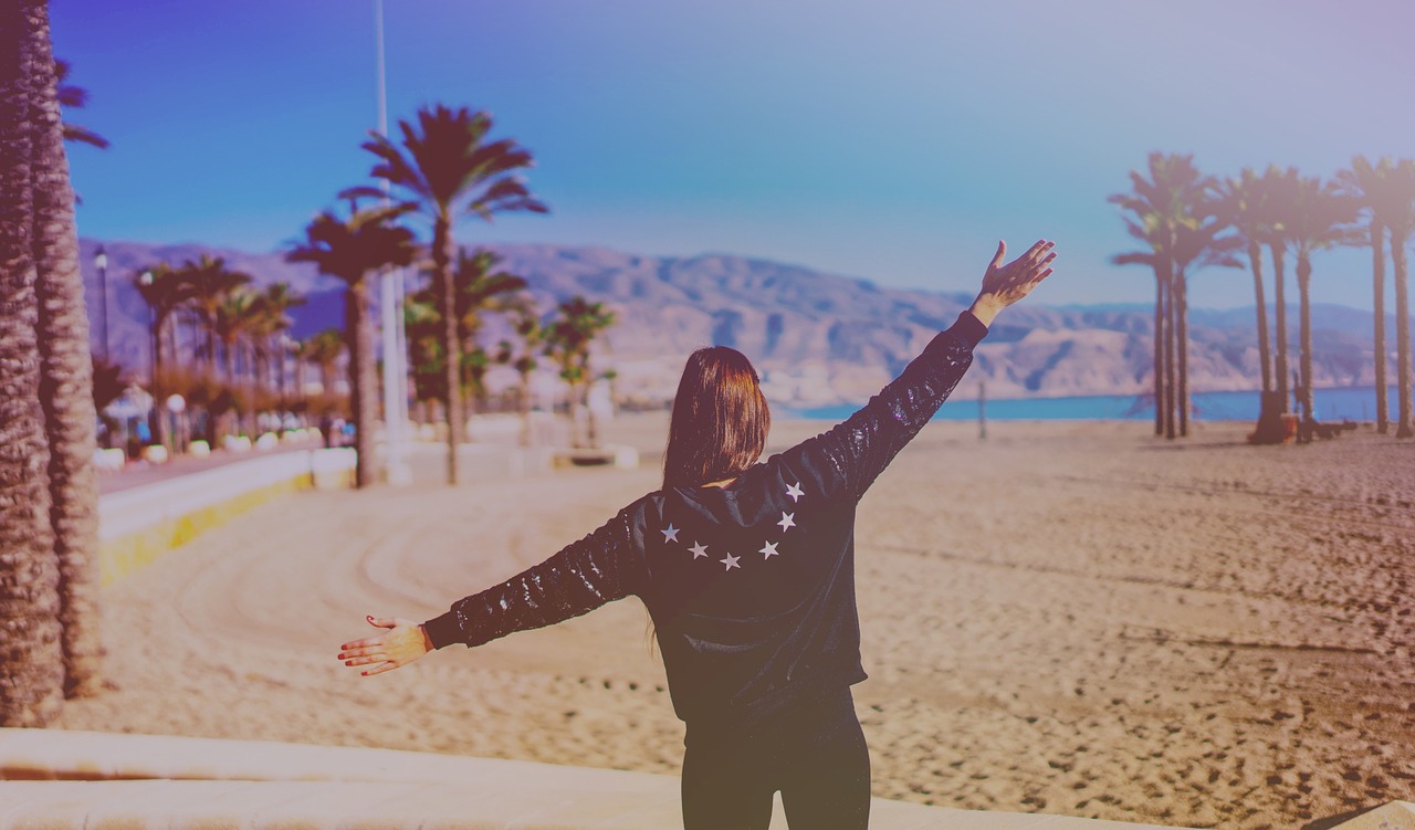 Image - tropical palm trees woman happy