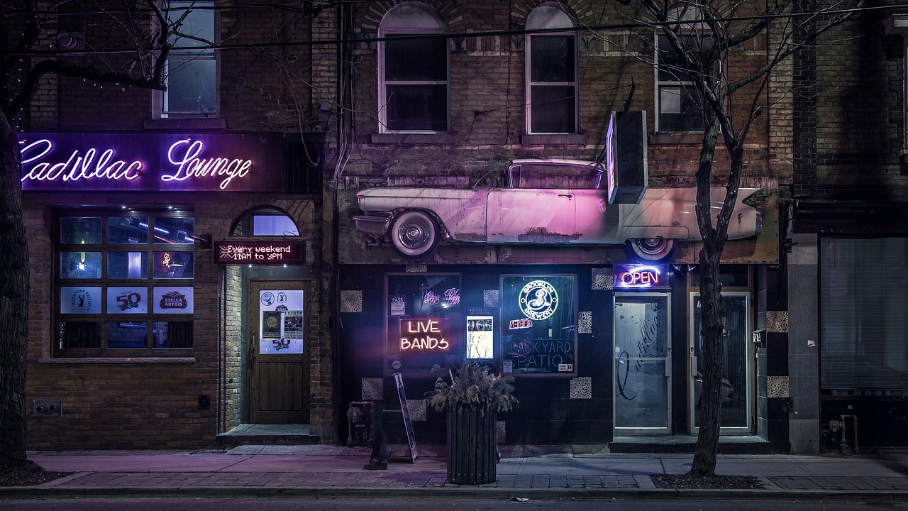 Image - buildings night urban neon sign