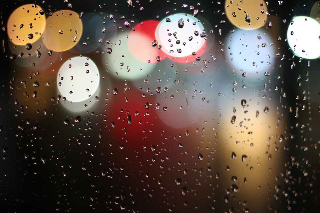 Image - lights water blur rain raindrops