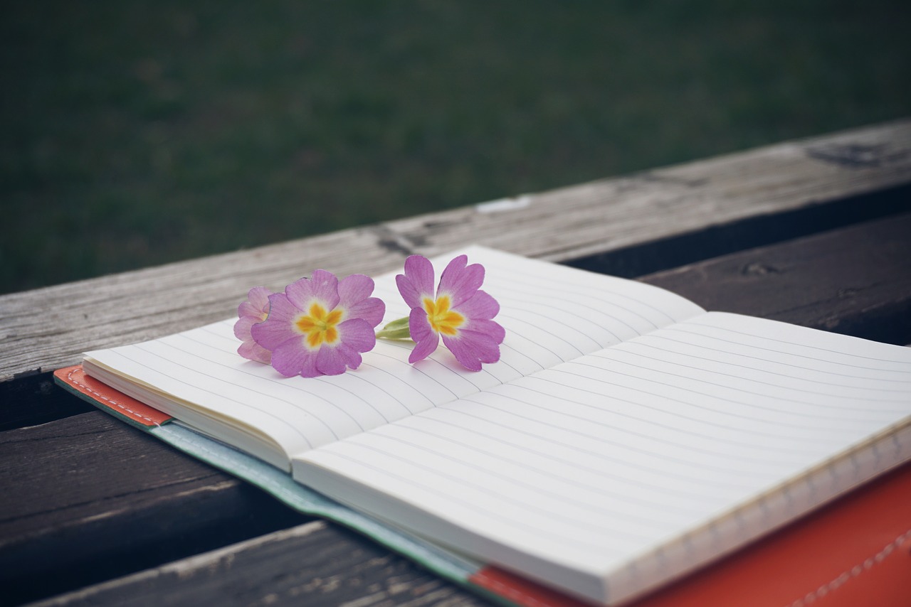 Image - bench flower notebook pen wooden