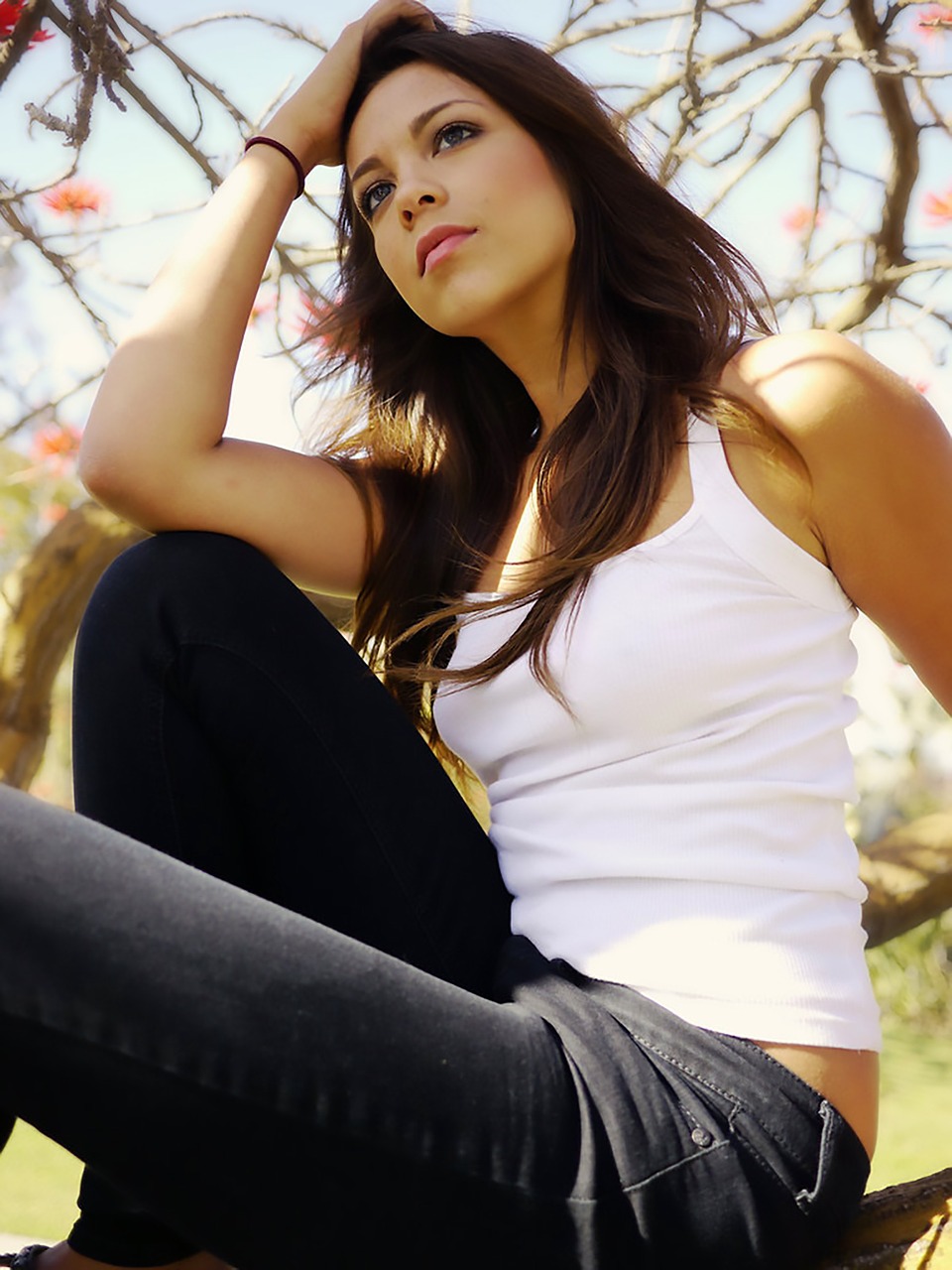 Image - woman tree sitting long hair