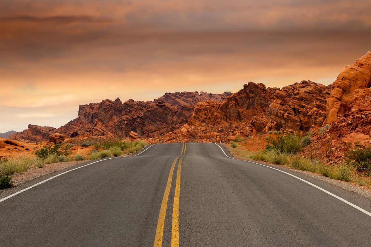 Image - road mountains sunset path desert