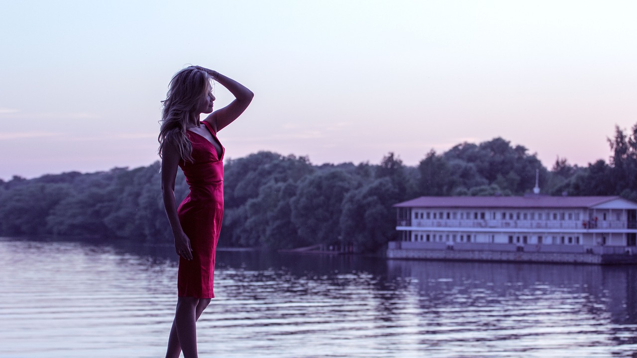 Image - girl in red dress on the shore hands