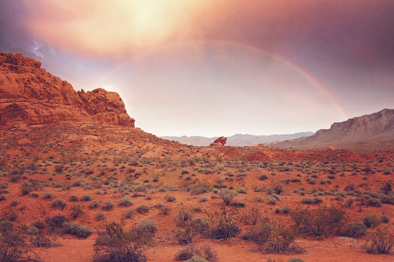 Image - rainbow rain sunset mountains