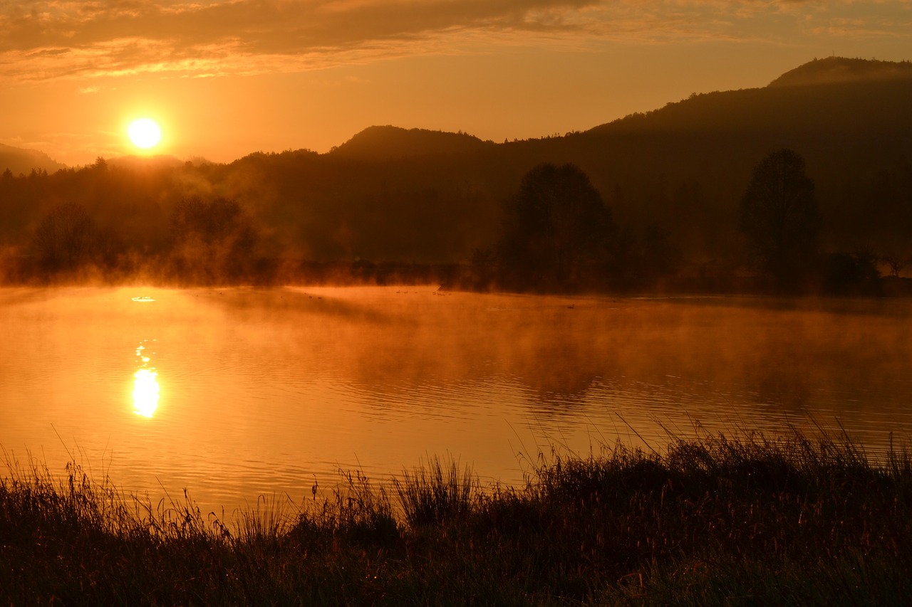 Image - sunrise pond fog steam hills