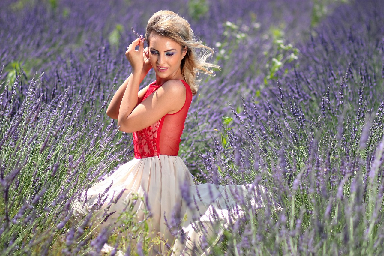 Image - girl lavender mov blonde dress