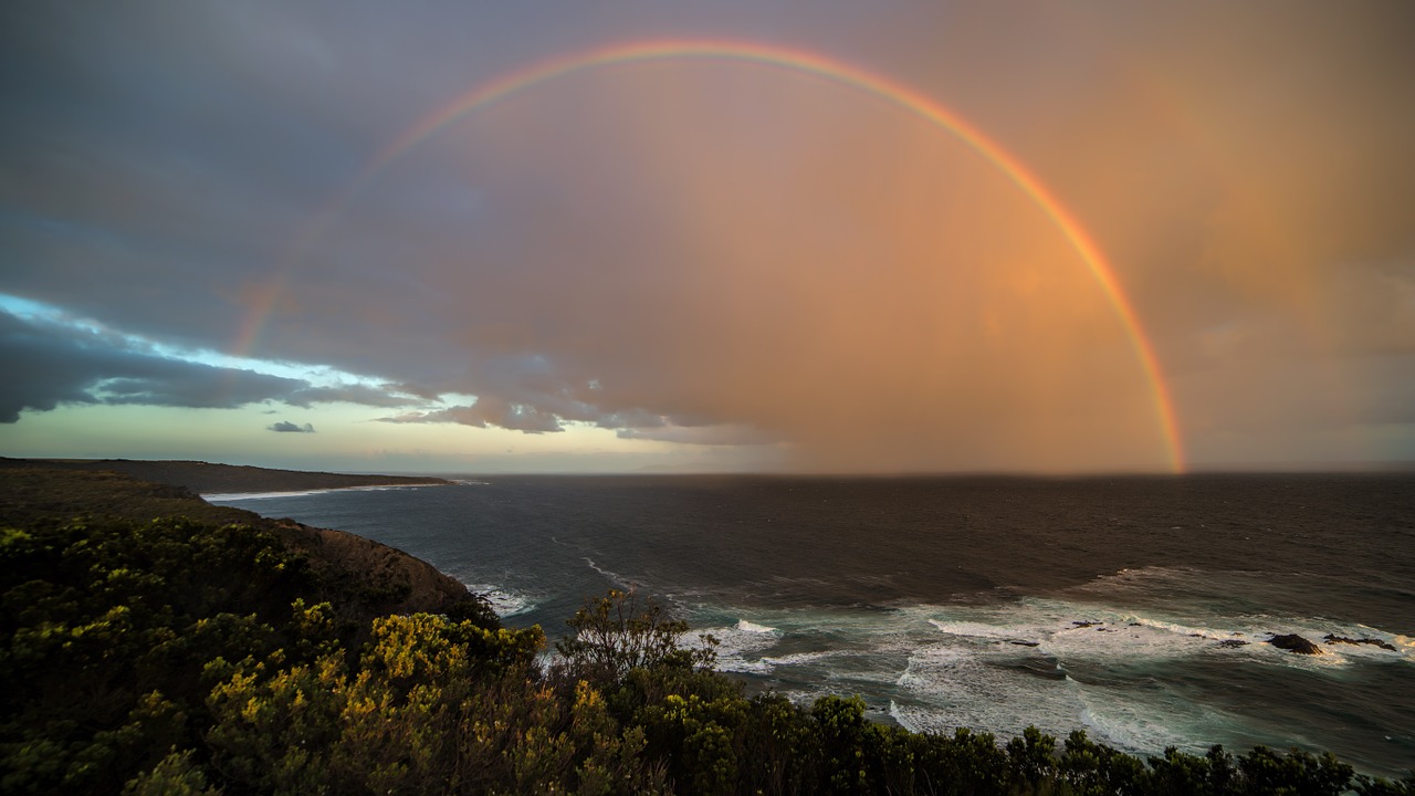 Image - rainbow coast sunset beach sky