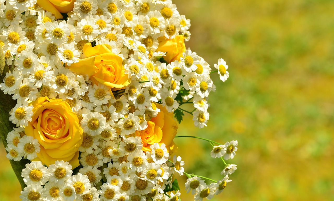 Image - bouquet roses yellow roses daisies