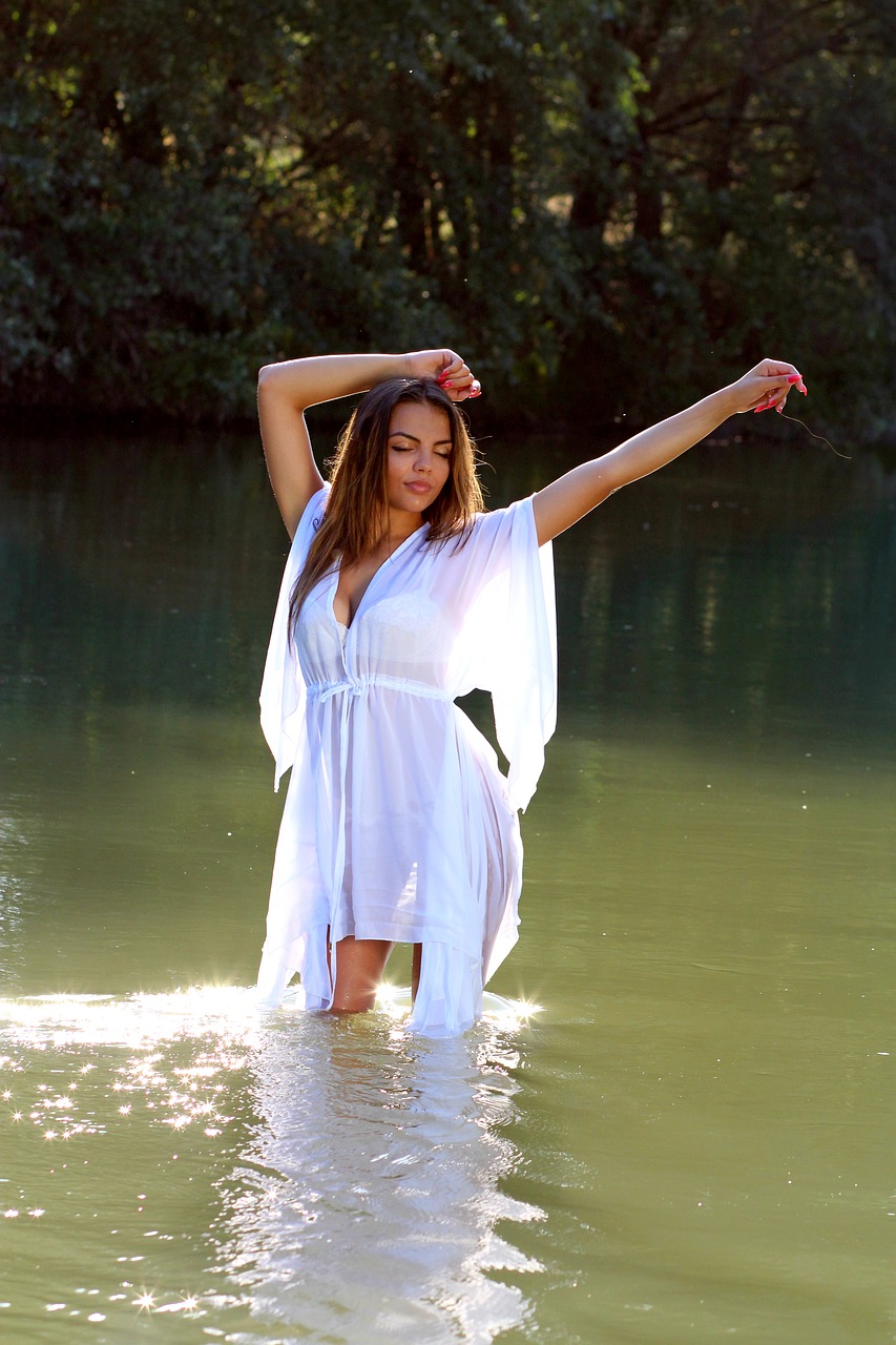 Image - girl water dress white nature