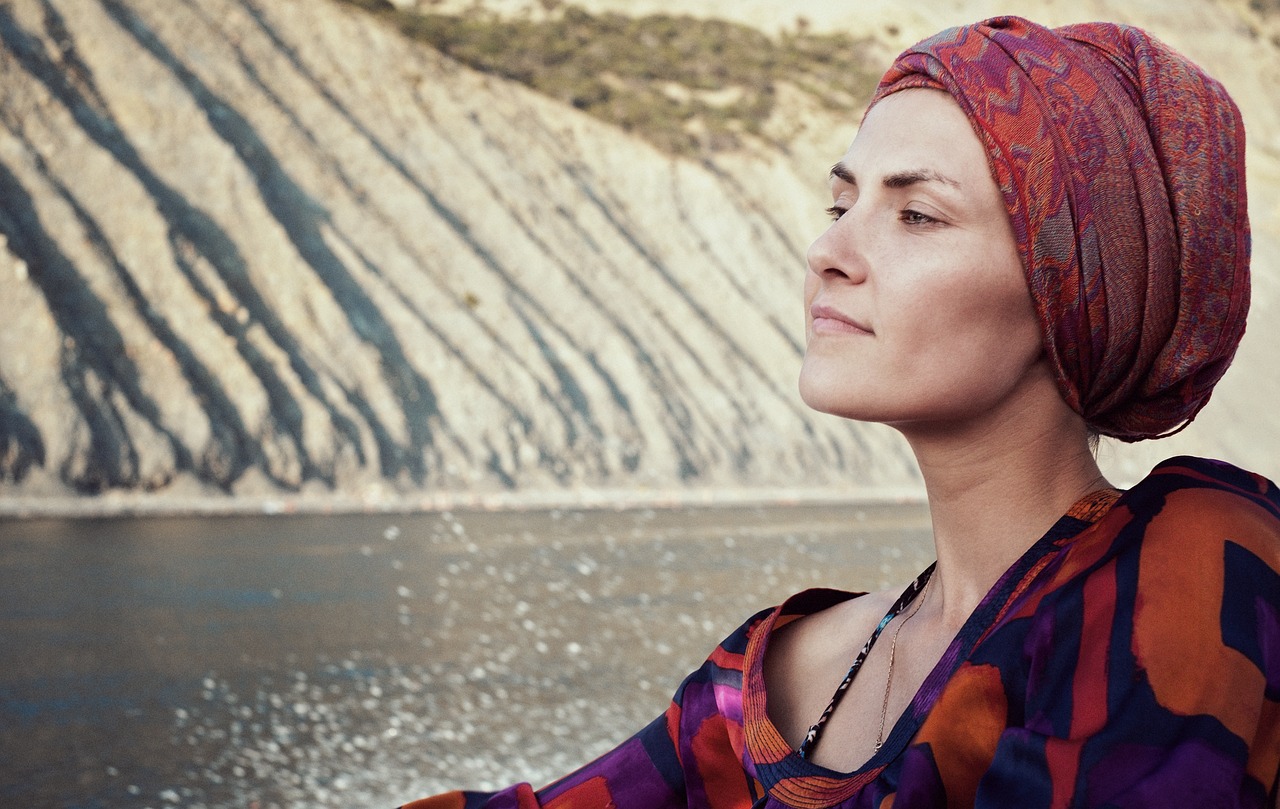 Image - girl tippet mountain sea