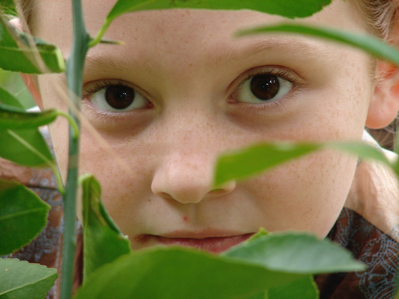 Image - girl face sneaky leaf green