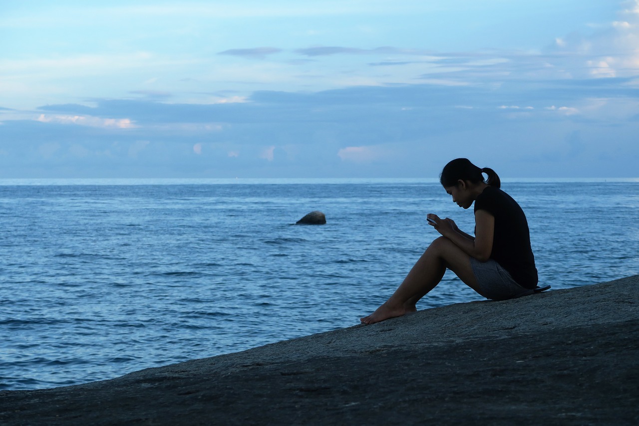 Image - girl rock seaside solitude