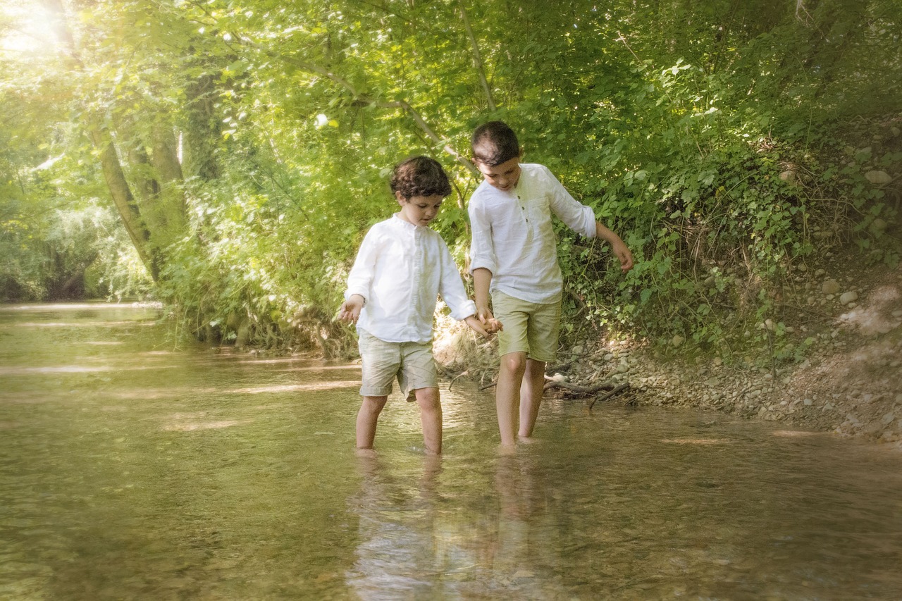 Image - children water river together hand