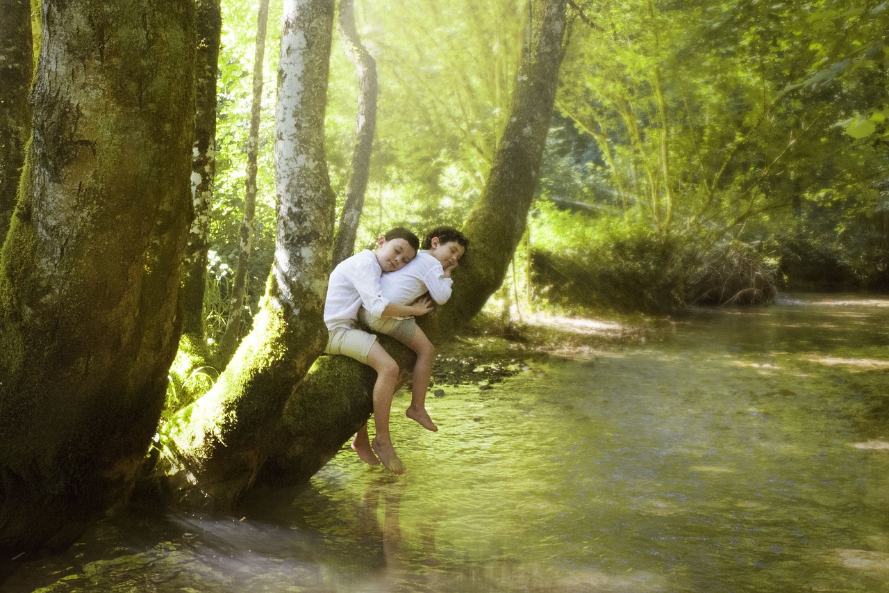 Image - children water river together hand