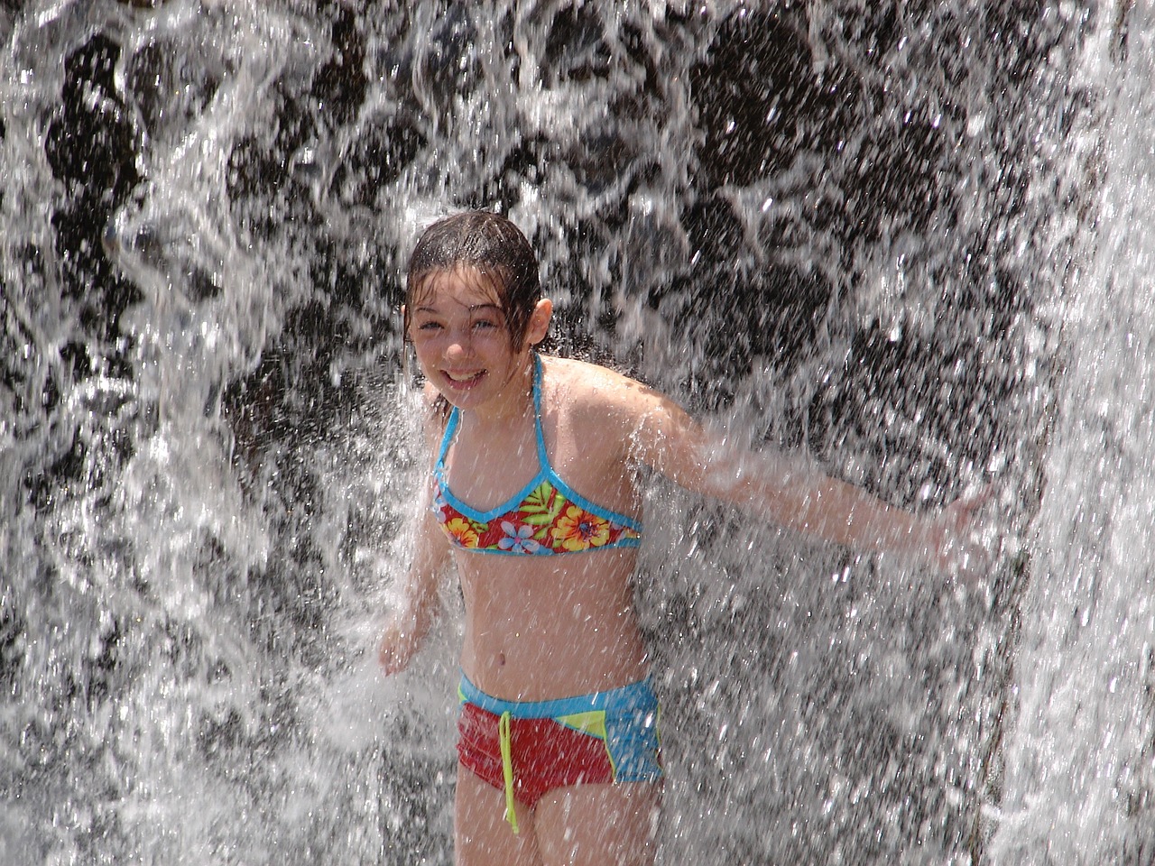 Image - girl splash water play waterfall