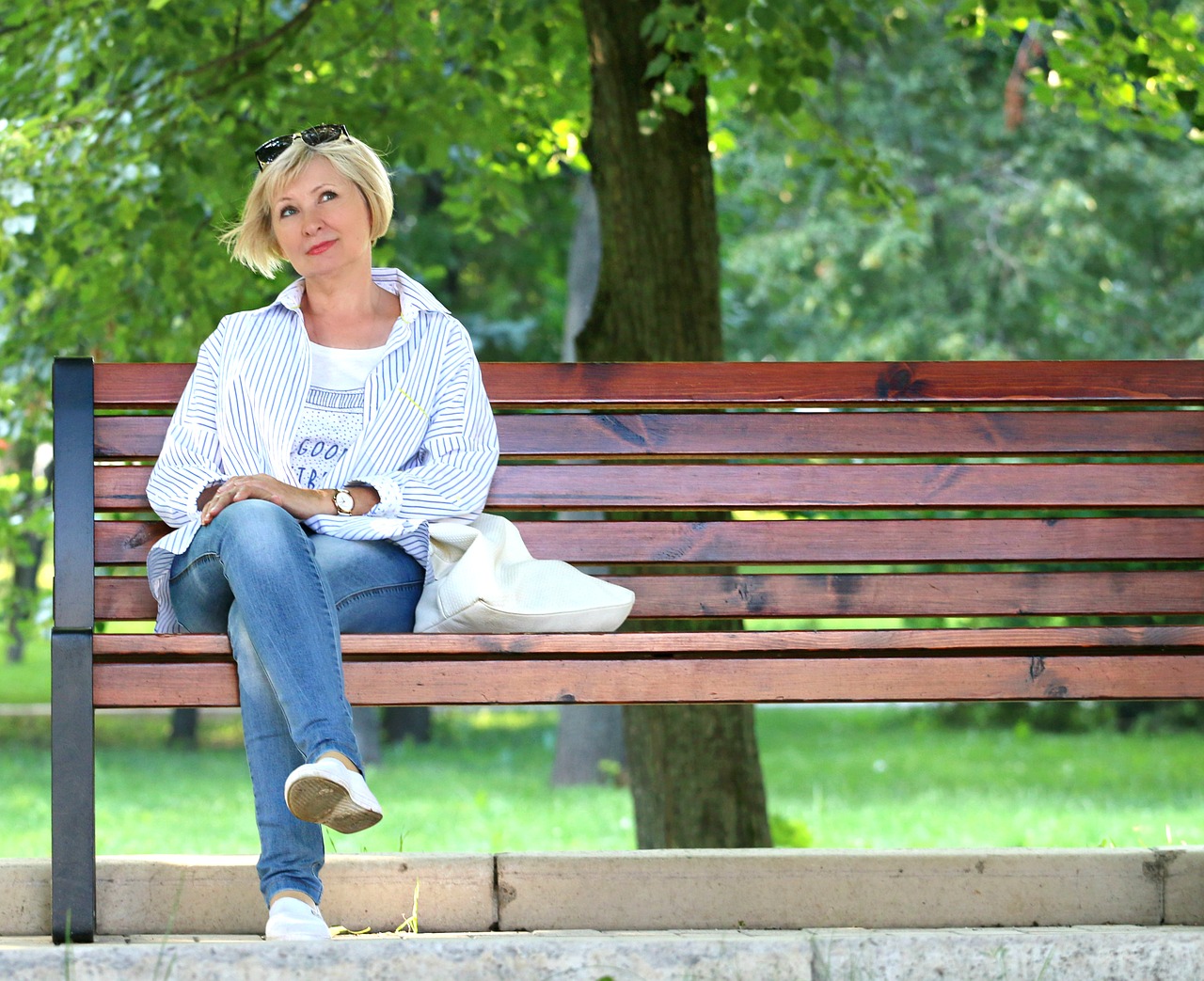 Image - woman bench stand by blonde dream