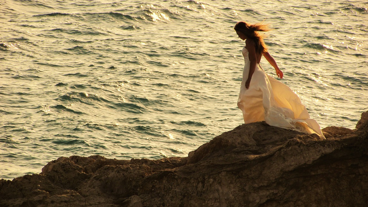 Image - woman sunset sea rock sun summer