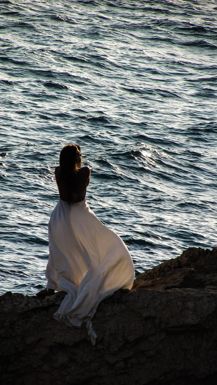 Image - woman sunset sea rock sun summer