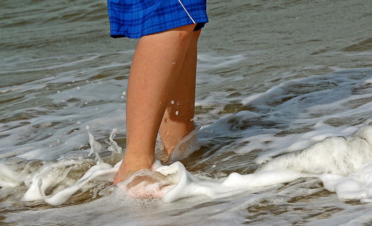 Image - feet legs sand water wave go