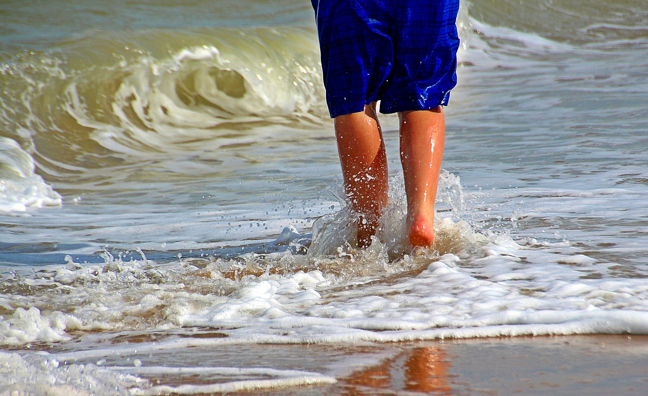 Image - feet legs sand water wave go