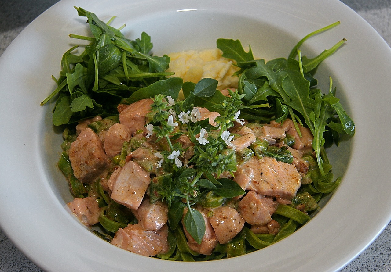 Image - salmon rocket pasta food dining