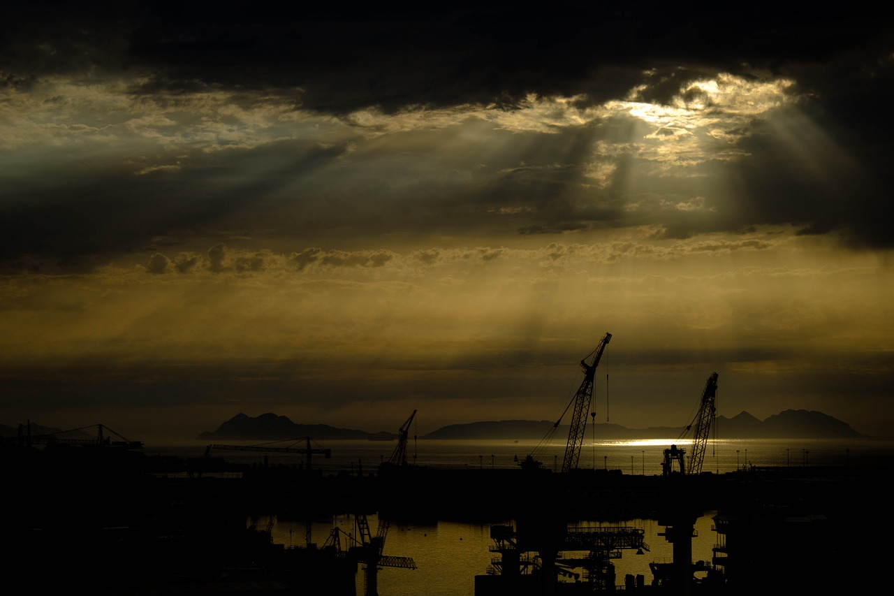 Image - sunset backlight cies city cranes