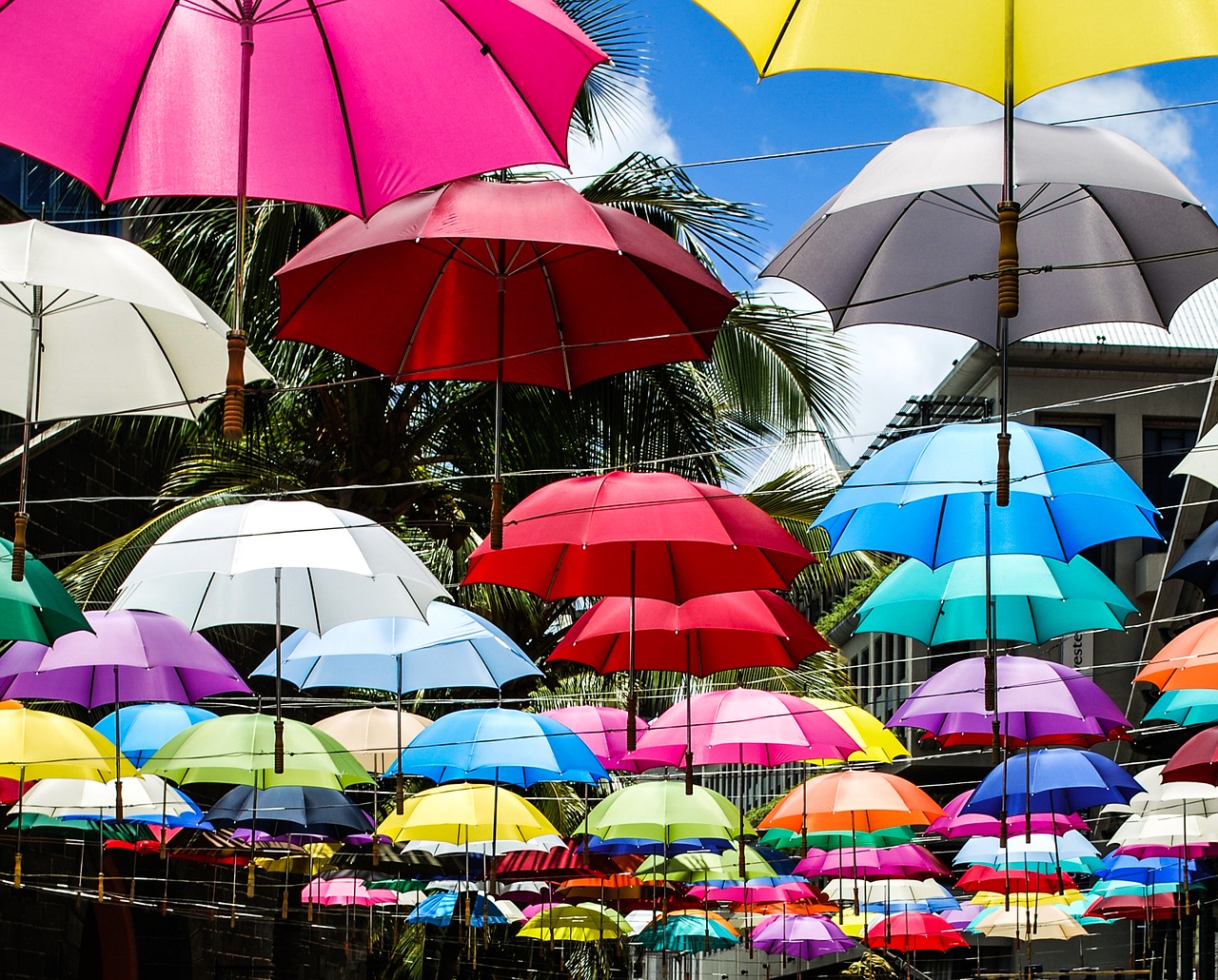 Image - umbrellas sky hanging colours