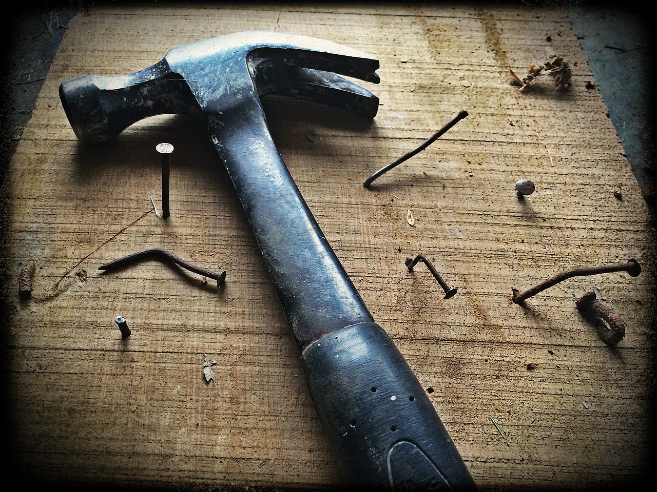 Image - hammer nails wood board tool work