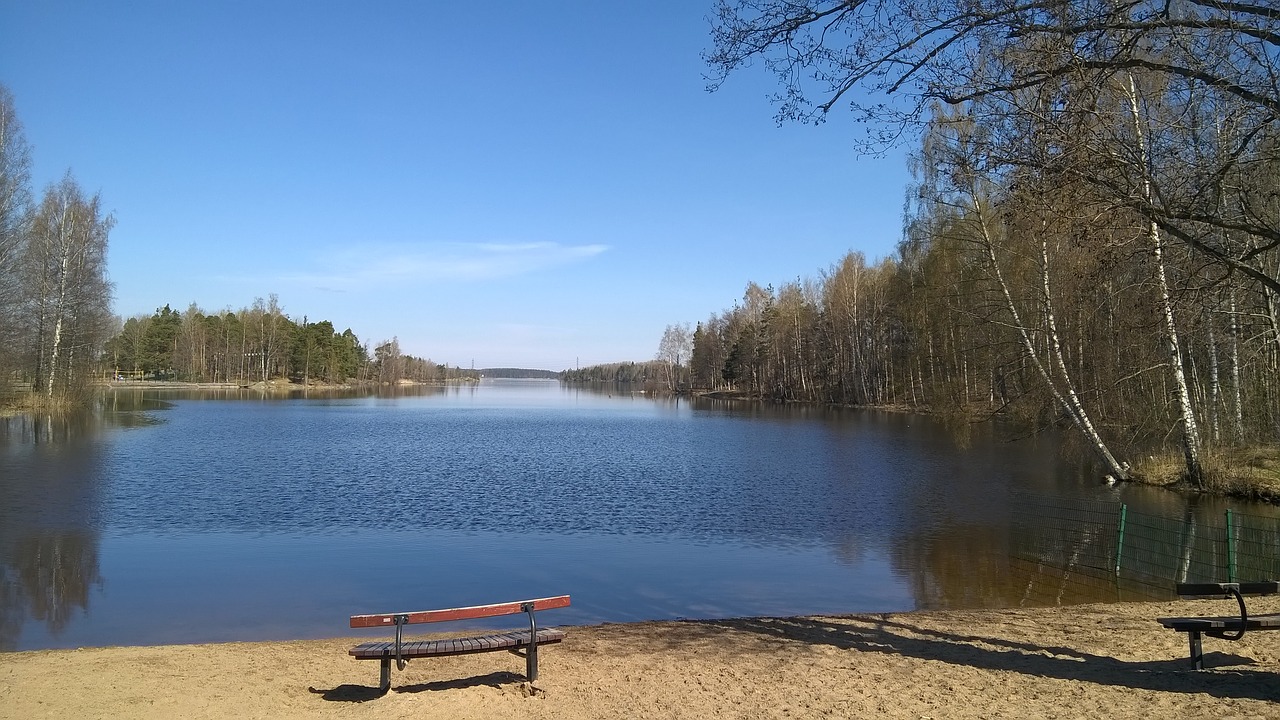 Image - bench lake spring sky