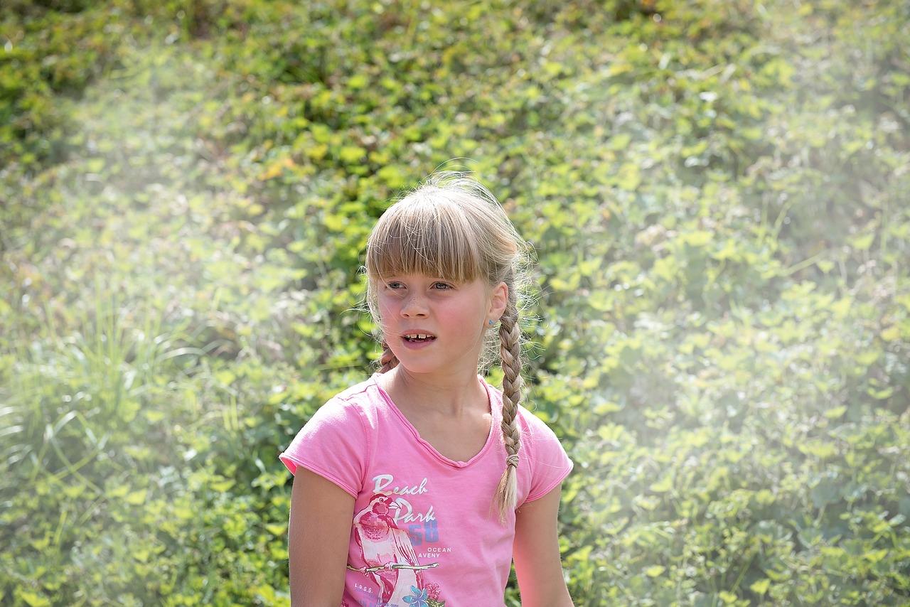 Image - child girl blond out nature green