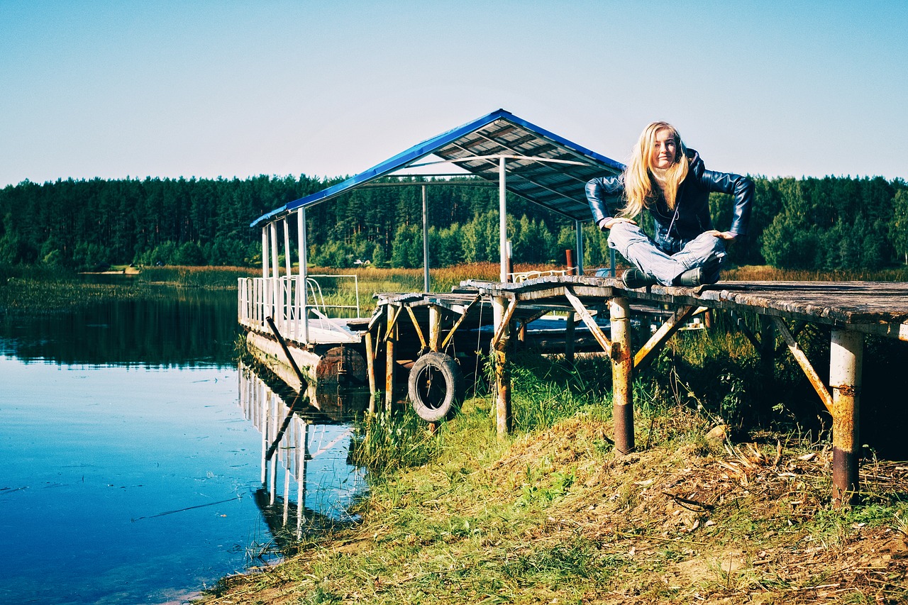 Image - pier sky summer girl river russia