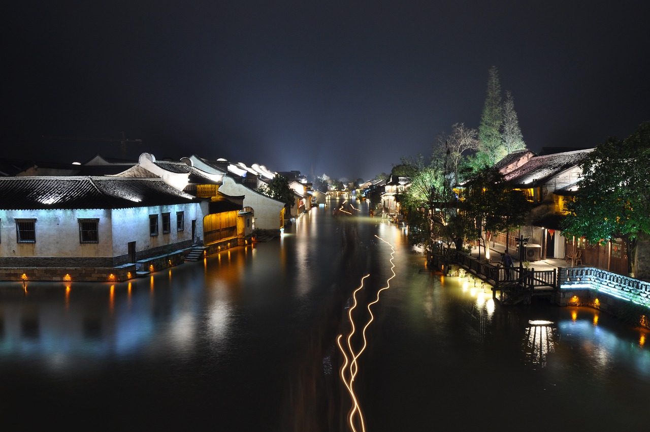 Image - watercourse small town night view