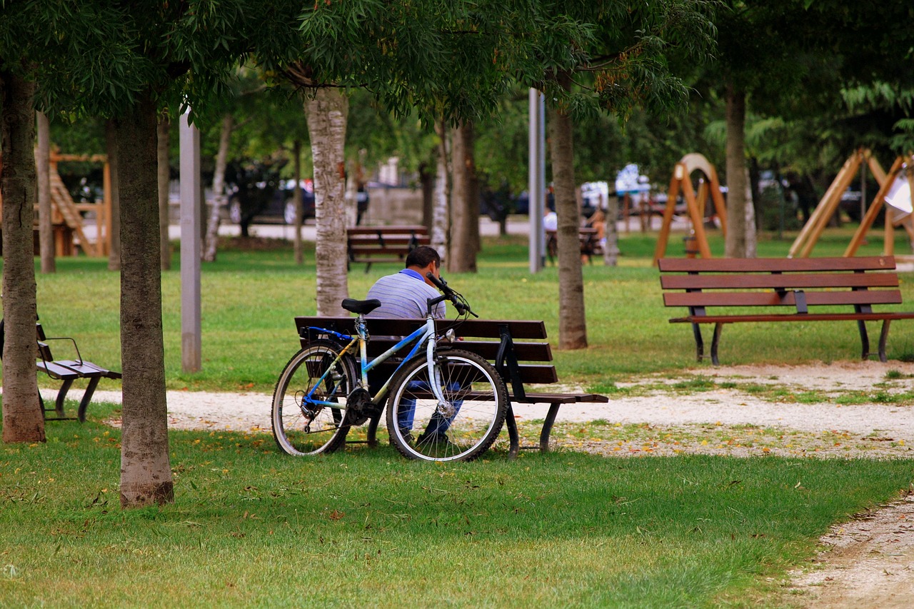 Image - solitude bench man bicycle garden