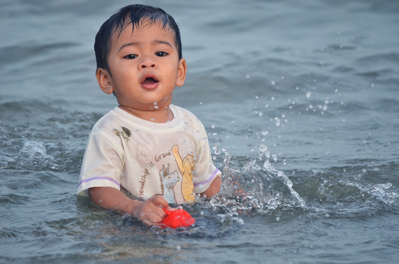 Image - child water sea wave beach family