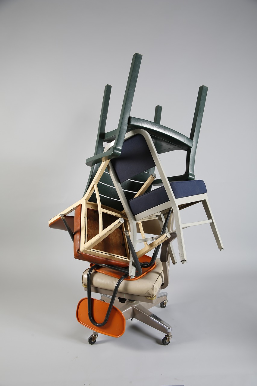 Image - chairs blue orange studio stacked