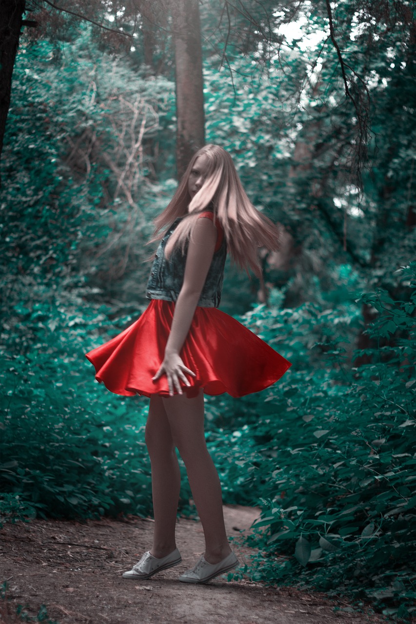 Image - girl red skirt forest blonde spin