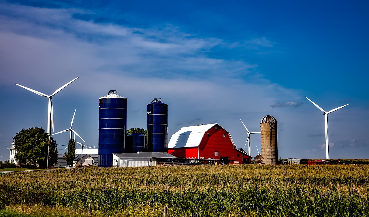 Image - iowa farm silos barn wind turbines