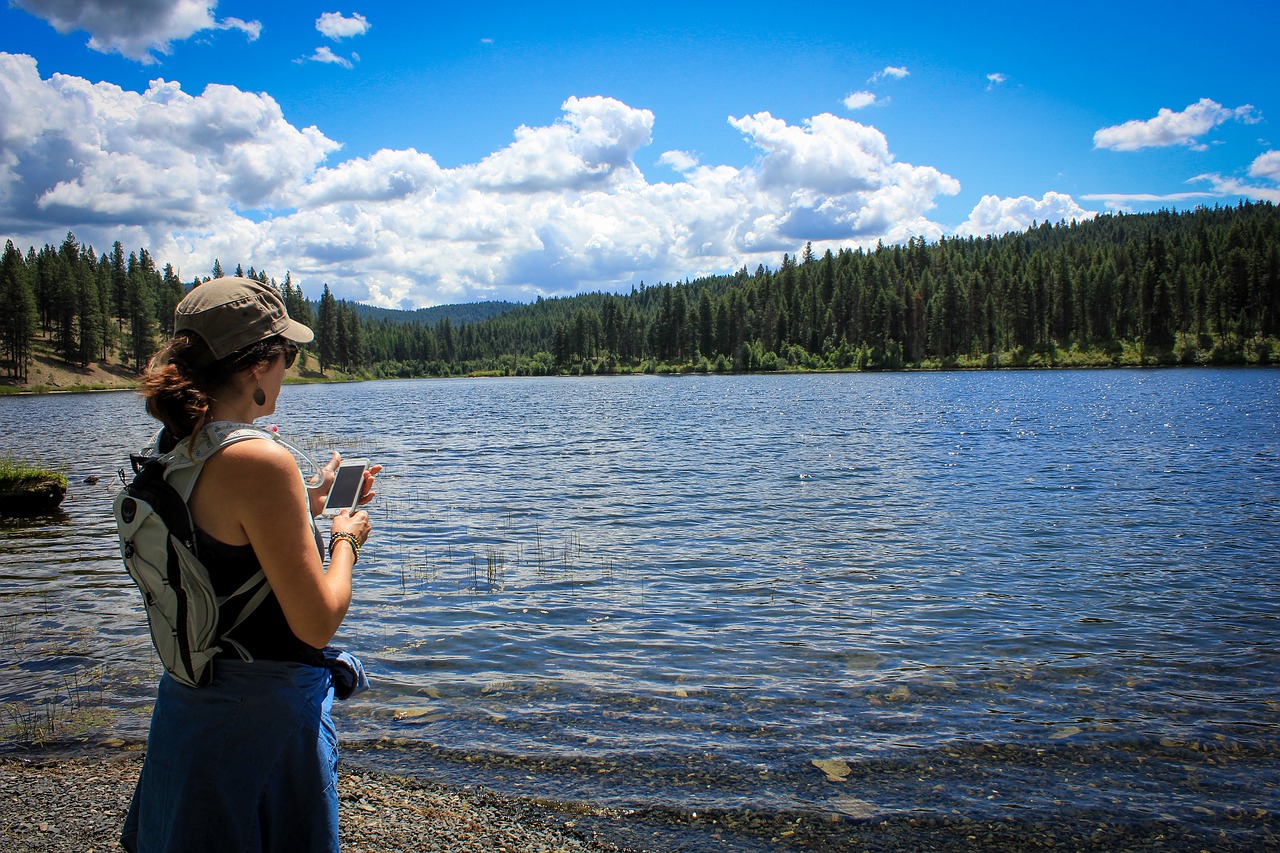 Image - lake view pine trees clouds nature