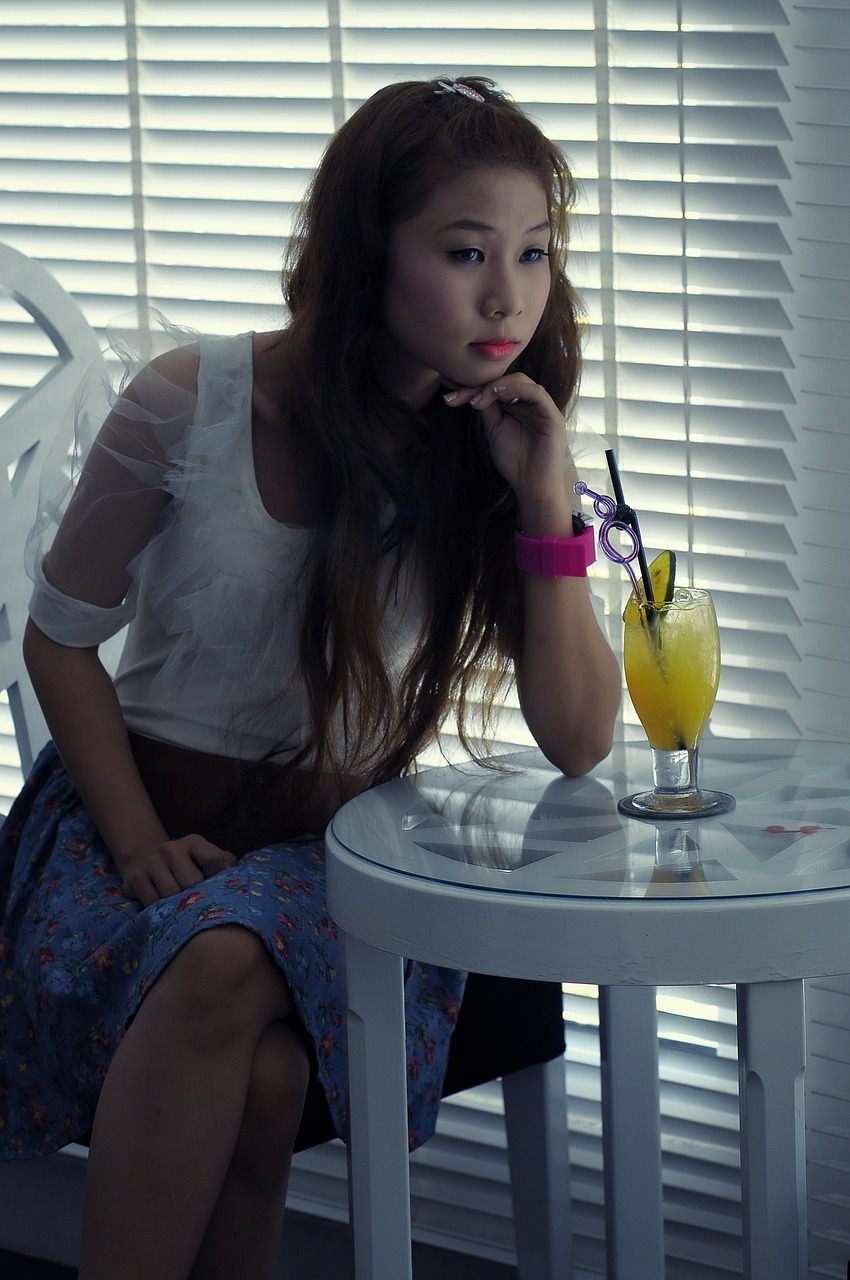 Image - girl sad cafe bored pretty asian